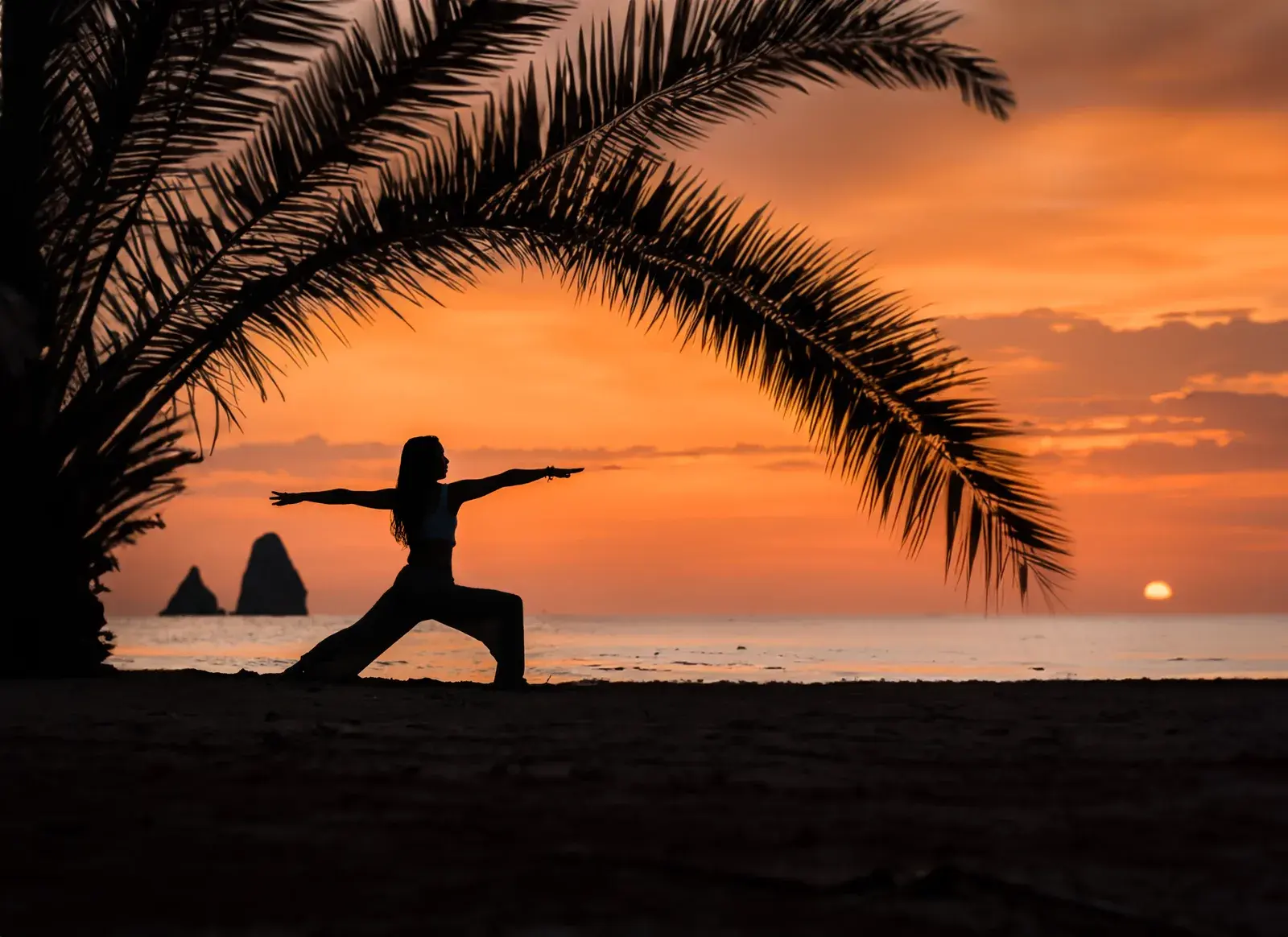 Warrior pose in silhouette at sunset on a palm-lined beach facing the Atlantic ocean
